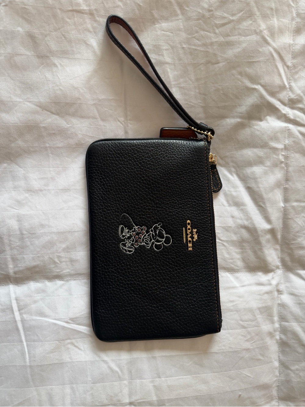 Coach Black Leather Wristlet with Subtle Minnie Mouse Outline